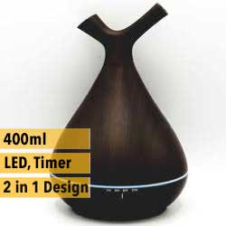Aquair duo Scuro (donkerhout/darkwood) Timer, LED, Afneembare top | 400ml | (ultrasone aroma diffuser)